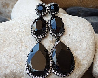 BLACK EARRINGS, Black Crystal  Earrings, Black Elegant Jewelry, Bridesmaids Black Earrings, Long Dangle Earrings, Prom Earrings