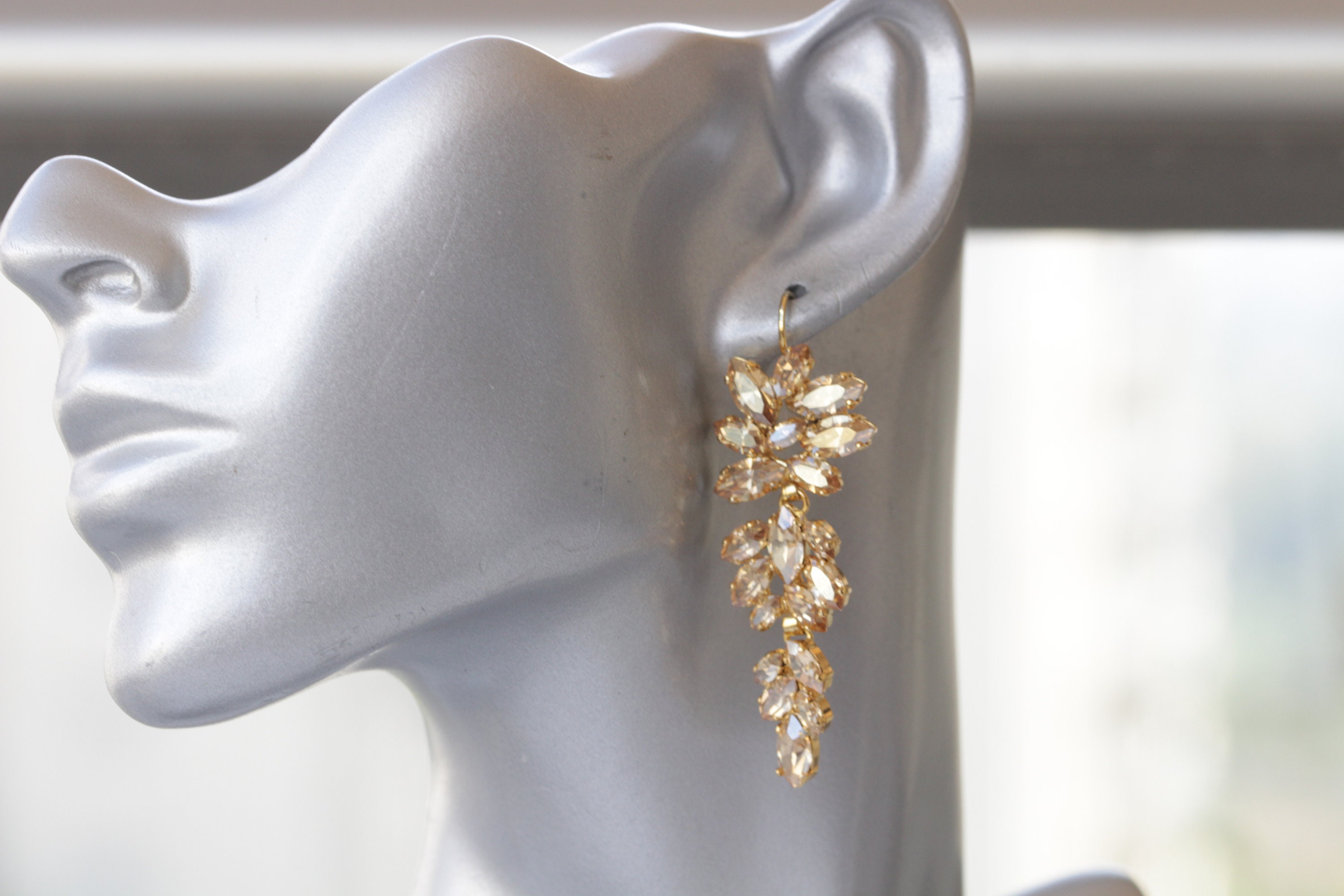 CHAMPAGNE LONG EARRINGS, Bridal Champagne Statement Earrings