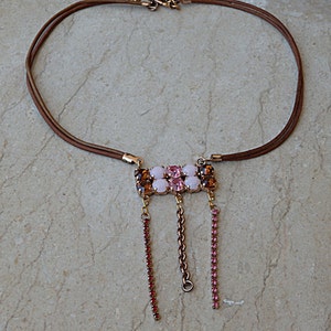 Pink Brown Crystal necklace, Brown leather necklace, Leather chain & rose gold pendant, Pink Crystal necklace,  Boho fringed necklace Gift