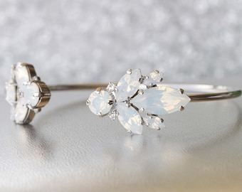 White Opal Crystal Cuff Bracelet, Bridal Jewelry