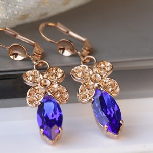 SAPPHIRE FLORAL DROPS,  Earrings, Dangle Earrings, Bridesmaid Earrings,Blue Floral Earrings,Bridal Drop Earrings,Blue Crystal Drops
