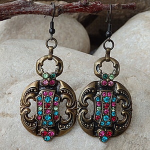 Vintage Style Earrings, Vintage Style Jewelry, Turquoise and Fuchsia Earrings, Tribal Earrings,  Dangle Earrings, Brass Earrings