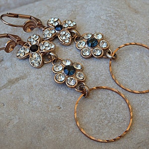 Floral  Earrings, Black Crystal Flower Earrings, Rose Gold and black long Earrings, Flower Dangle Earrings with Drop Circle Earrings for Her