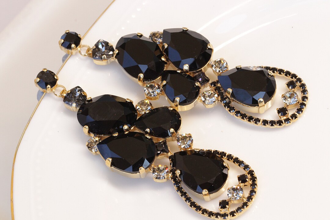 BLACK CHANDELIER EARRINGS, Statement Earrings for Evening