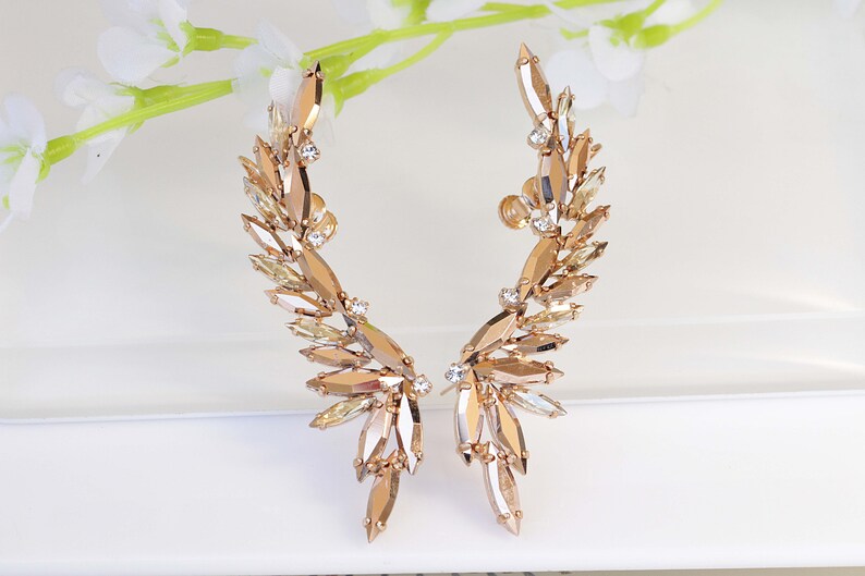 Rose Gold Ear Climber Earrings, Crystal Bridal Ear Crawlers