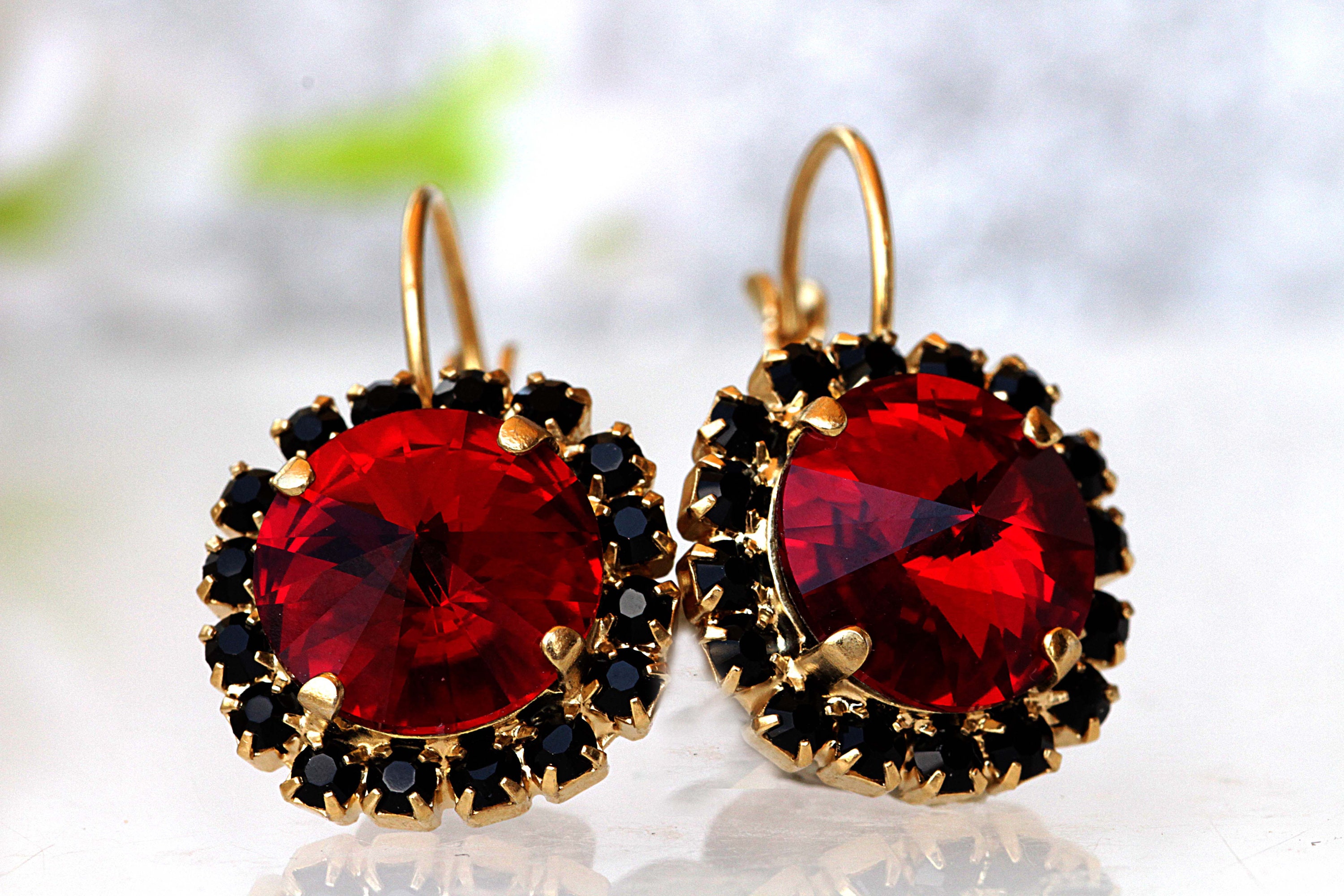 RED GARNET EARRINGS Red Earrings Dark Red Earrings Crystal