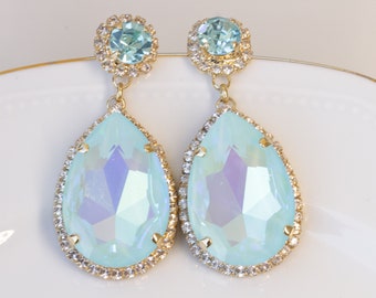 LIGHT BLUE Earrings, Bride Teardrop Earrings, Bridal Ab Crystal Earrings, Aquamarine Chandelier Earrings,Statement  Wedding Earring