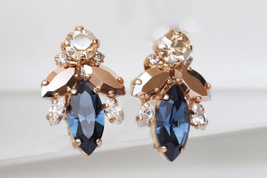 Blue Navy Bridal Earrings Dark Blue Earrings Clip on Wedding - Etsy