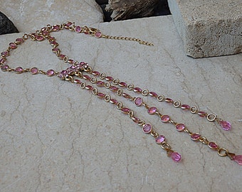 Pink Crystal Tassel Necklace, Goldfilled Fringes, Gift for Women