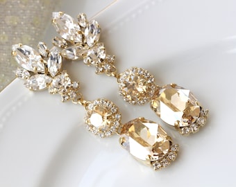 CHAMPAGNE LONG EARRINGS, Bridal Gold Earrings,Statement Topaz Earrings,  Dangle Earrings,Wedding Gold Earrings, Chandelier Earrings