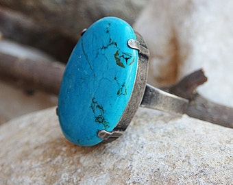 Turquoise Statement Ring, Silver Gemstone Adjustable Jewelry