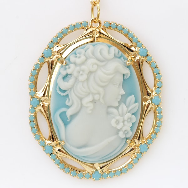 Cameo Necklace, Blue Cameo Pendant, large Cameo Necklace, Lady Cameo Necklace, Victorian Style, Turquoise Cameo Necklace, Vintage Wedding