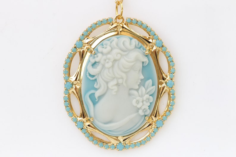 Cameo Necklace, Blue Cameo Pendant, large Cameo Necklace, Lady Cameo Necklace, Victorian Style, Turquoise Cameo Necklace, Vintage Wedding image 1