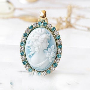 BLUE CAMEO PENDANT, Vintage Style Cameo Necklace, Victorian Cameo, Oval Pendant, Something Blue For Bride,  Necklace, Classic Cameo