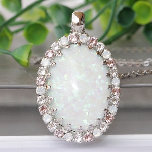 White Opal Pendant Necklace, Blush Bridal Necklace, October Birthstone