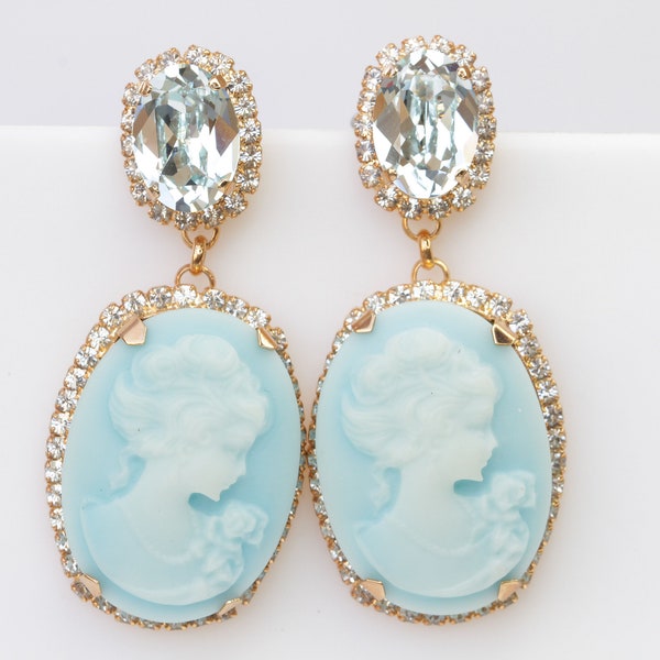 BIG CAMEO EARRINGS, Blue Turquoise Cameo Earrings, Victorian Vintage Bridal Earrings, Chandelier Ice Blue Earrings,  Earrings, Gift