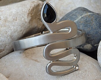 Silver Snake Cuff Bracelet, Black Crystal Ethnic Jewelry