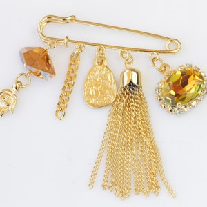 GOLD BABY CARRIAGE Pin, gift Idea for New Mother, Hamsa Baby brooch , Fringes Charms Brooch to Baby Carriage, Gold Plated Carriage Safe Pin,