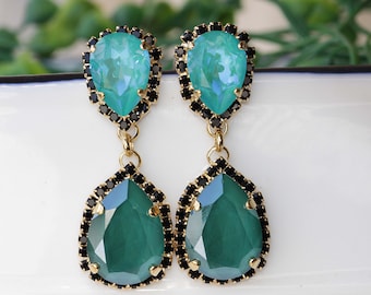 EMERALD EARRINGS,  Evening Chandelier Long Earrings, Black And Green  Earrings, Elegant Vintage Earrings, Bridal Emerald Earrings