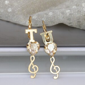PENDIENTES DE MÚSICA CHAMPAGNE, Regalo de San Valentín, Pendientes de letras personalizados, Pendientes de corazón de cristal, Pendientes, Pendientes G Clef