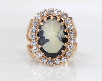 Anel com camafeu preto, estilo vitoriano dourado, anel com cristal, ajustável