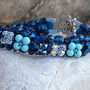 Blue Beaded Bracelet,  Beaded Bracelet, Crochet Handmade  Bracelet, Woven Beads Jewelry, Crystal Bracelet, Dark Blue & Turquoise Bracelet