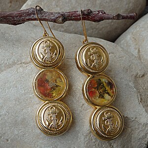 Button earrings. Enamel earrings. Antique buttons paint jewelry for women. Drop earrings. One of a kind earrings.Hand made wife present gift