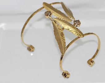 Gold Plated Feather Upper Arm Cuff, Champagne Crystal Bridal Bracelet