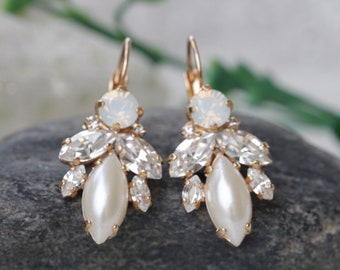 Pearl Bridal Drop Earrings, Rose Gold Art Deco Opal Wedding Earrings