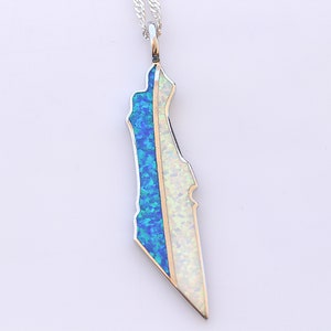 BLAU UND WEISS Opal Halskette, Türkis Karte von Israel Halskette, Silber Sterling Halskette, israelische Bat Mitzwa Halskette, jüdische Halskette Geschenk