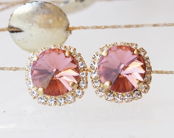 BLUSH PINK EARRINGS, Bridal Blush Earrings,  Earrings, Small Stud Earrings, Rose Quartz Crystal Earrings, Light Peach Vintage Pink Earrings