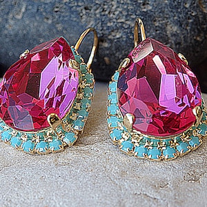 Pink Fuchsia crystal  drop earrings. Turquoise fuchsia  earrings. Teardrop Dangle Earrings,Bridesmaids Pink Earrings,Bridal Jewelry