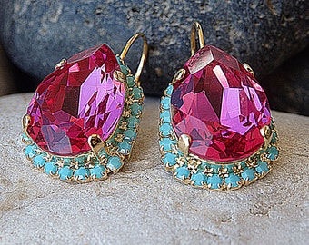 Fuchsia Crystal Teardrop Dangle Earrings, Turquoise fuchsia Bridal Jewelry