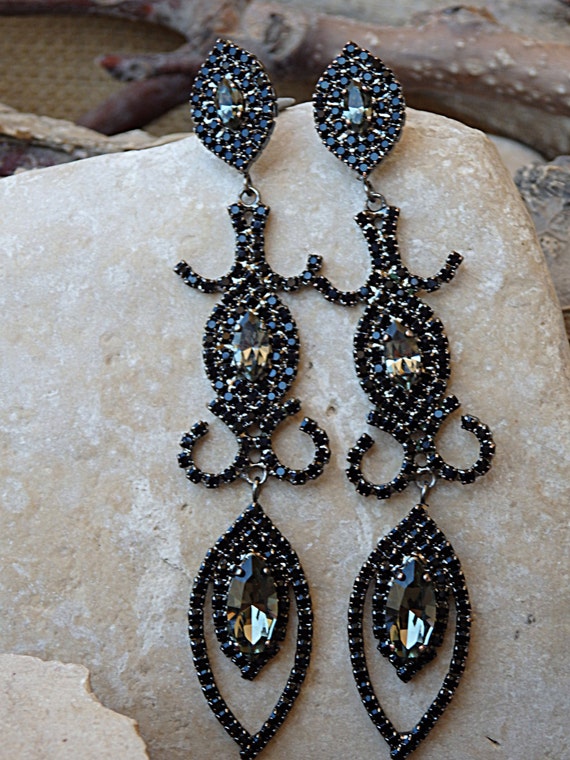 Buy Black Diamond Earrings, Black and Gray Earrings, Long Black Crystal  Evening Earrings, Extra Large Chandelier Earrings, Shoulder Dusters Online  in India - Etsy