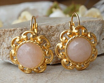 Pendientes colgantes de cuarzo rosa, pendientes de piedras preciosas, joyería nupcial