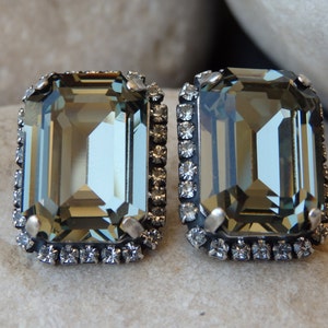 Aretes grises, pendientes de poste de cristal de diamantes negros, pendientes rectangulares, pendientes de plata oxidada, aretes grises ahumados