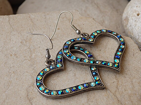 Aquamarine Crystal Heart Earrings, Blue Silver Romantic Jewelry Gift