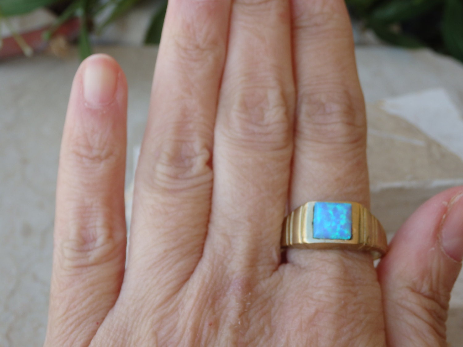 Signet Pink Opal and Bronze Circle Ring