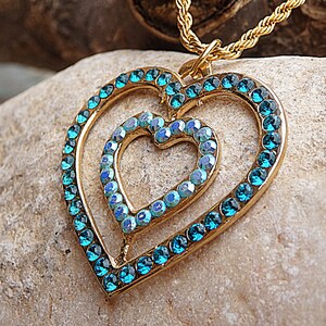 Double Heart Pendant Necklace, Gold Blue  Heart Shaped Necklace, Heart Shaped Pendant, Mother Daughter Heart Jewelry Gift