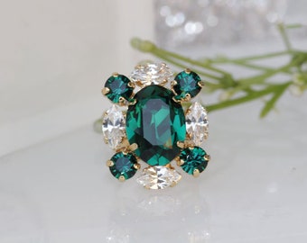 Emerald Green Crystal Statement Ring, Gold Plated, Adjustable