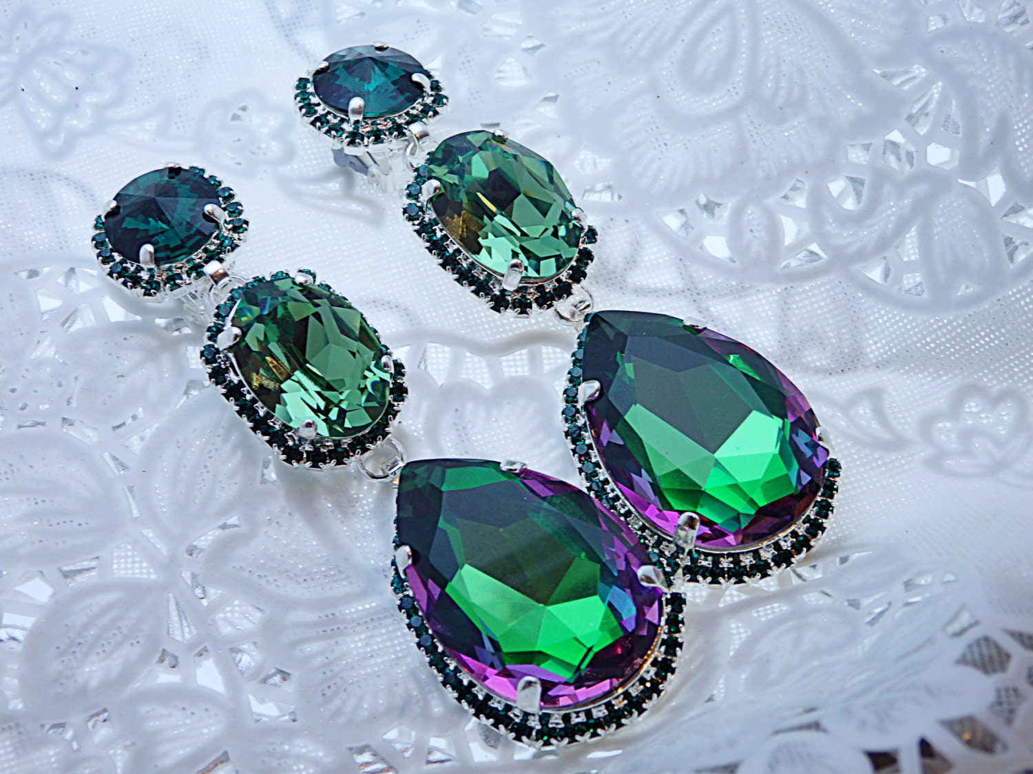 Long Chandelier Earrings Emerald Bridal Earrings Green Pink - Etsy