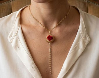 Gold Plated Coral Flower Tassel Y Necklace, Bridesmaid Gift