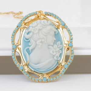 Cameo Necklace, Blue Cameo Pendant, large Cameo Necklace, Lady Cameo Necklace, Victorian Style, Turquoise Cameo Necklace, Vintage Wedding image 6