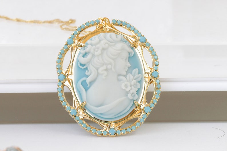 Cameo Necklace, Blue Cameo Pendant, large Cameo Necklace, Lady Cameo Necklace, Victorian Style, Turquoise Cameo Necklace, Vintage Wedding image 6