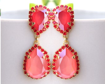 Red Crystal Teardrop Chandelier Earrings: Coral Long Drop