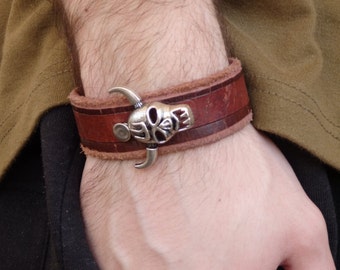 Skull Leather Bracelet, Gothic Rocker Cuff