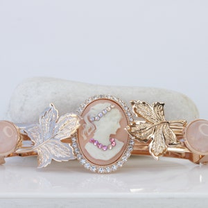 CAMEO HAIR BARRETTE, Large Barrette Pink Cameo, Bridal Hair Barrette,Wedding Hair Clip, French Barrette, Rose Gold Leaves Hair Barrette Gift