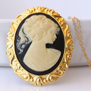 BLACK CAMEO BROOCH,  Cameo Pendant Brooch, Gold Black Cameo Brooch, Lady Brooches, Antique Cameo Brooch ,Grandmother Statement Brooch Gift