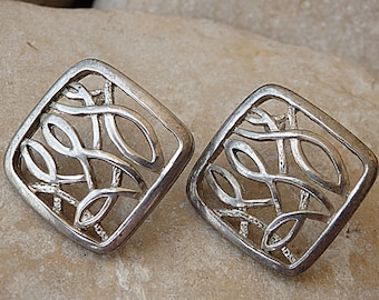 Ornamented Silver Square Stud Earrings, Geometric Jewelry