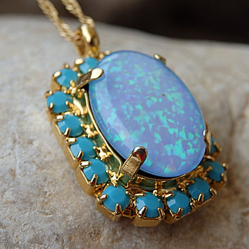 Turquoise Opal Gold Necklace ,Oval Blue shops Fire Opal Necklace with Turquoise Opal Pendant, Bridal Opal Jewelry, Bridesmaid Necklace